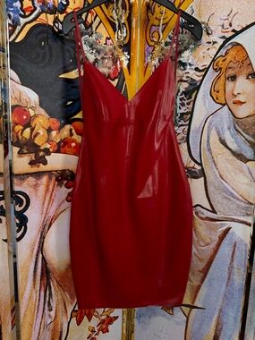 Red Latex Low Back  Slip Mini Dress - Women